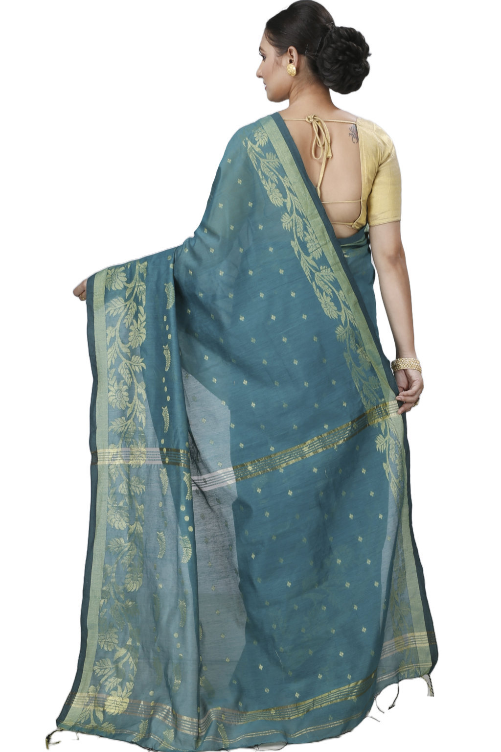 See Green Blended Cotton Turik Hand Loom Saree (1251)